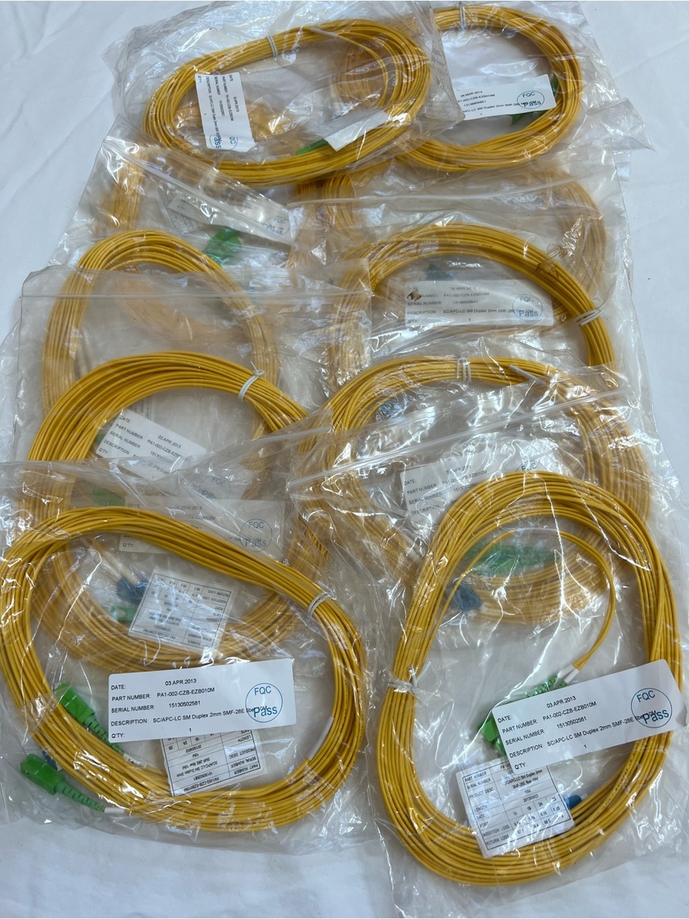 Fiber Jumpers LOT OF 12 10 Meter SC/APC-LC SM Duplex 2mm SMF-28E Fiber NEW